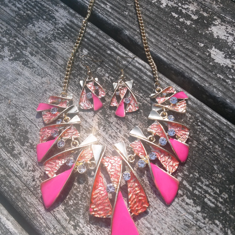 Pink Color Twist Necklace with Earrings